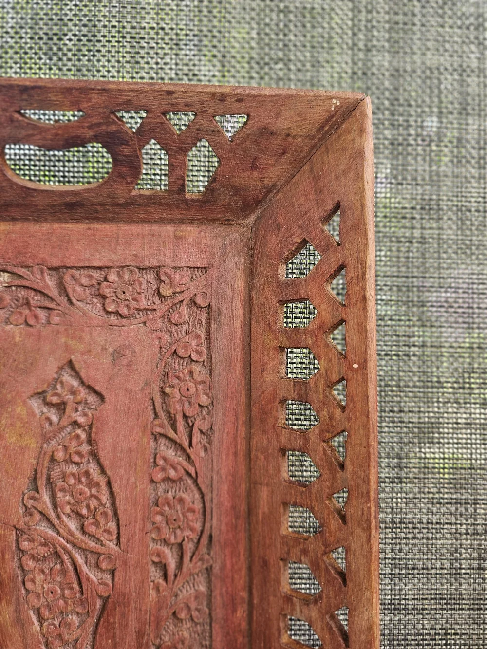 Vintage Hand Carved Wood Serving Tray India Boho Lattice Cutout Floral